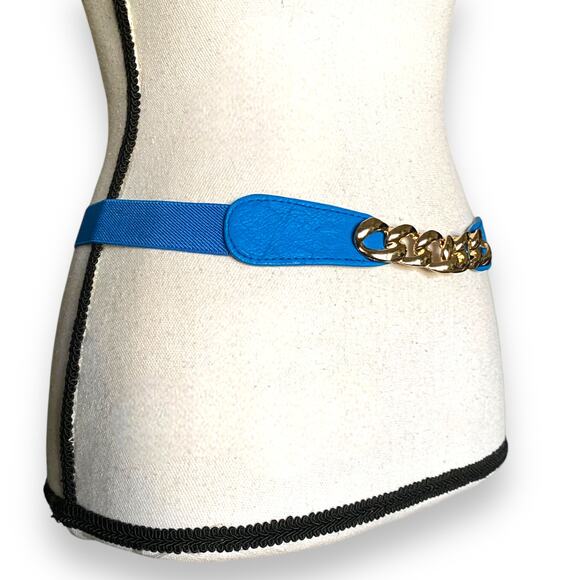 Vntg Gold Chain Buckle Cinch Waist Belt Cobalt Blue Elastic Stretch Narrow Y2k - Picture 8 of 11